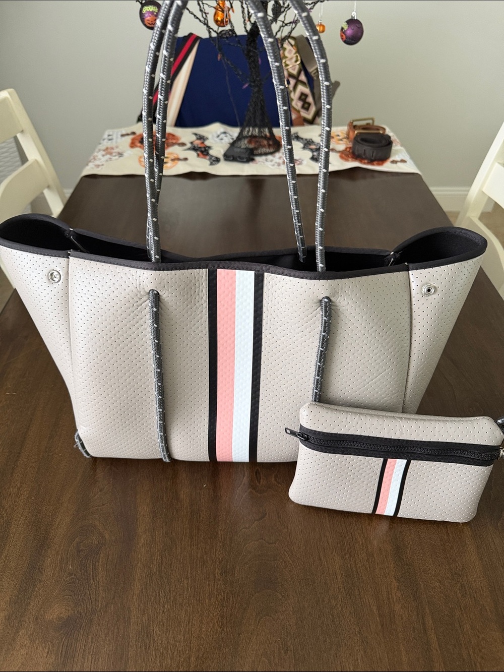 HAUTE SHORE Neoprene Tote in Beige with Pink, White & Black Stripes